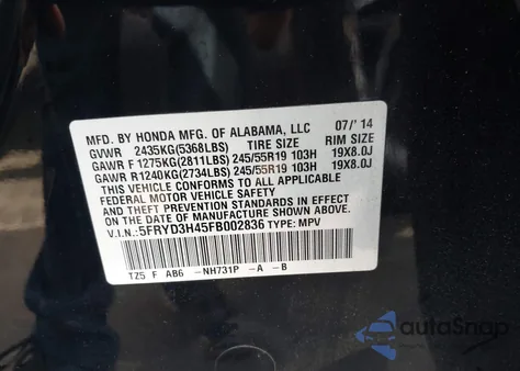 2015 Acura Mdx Technology Package from USA, damaged, VIN 5FRYD3H45FB002836